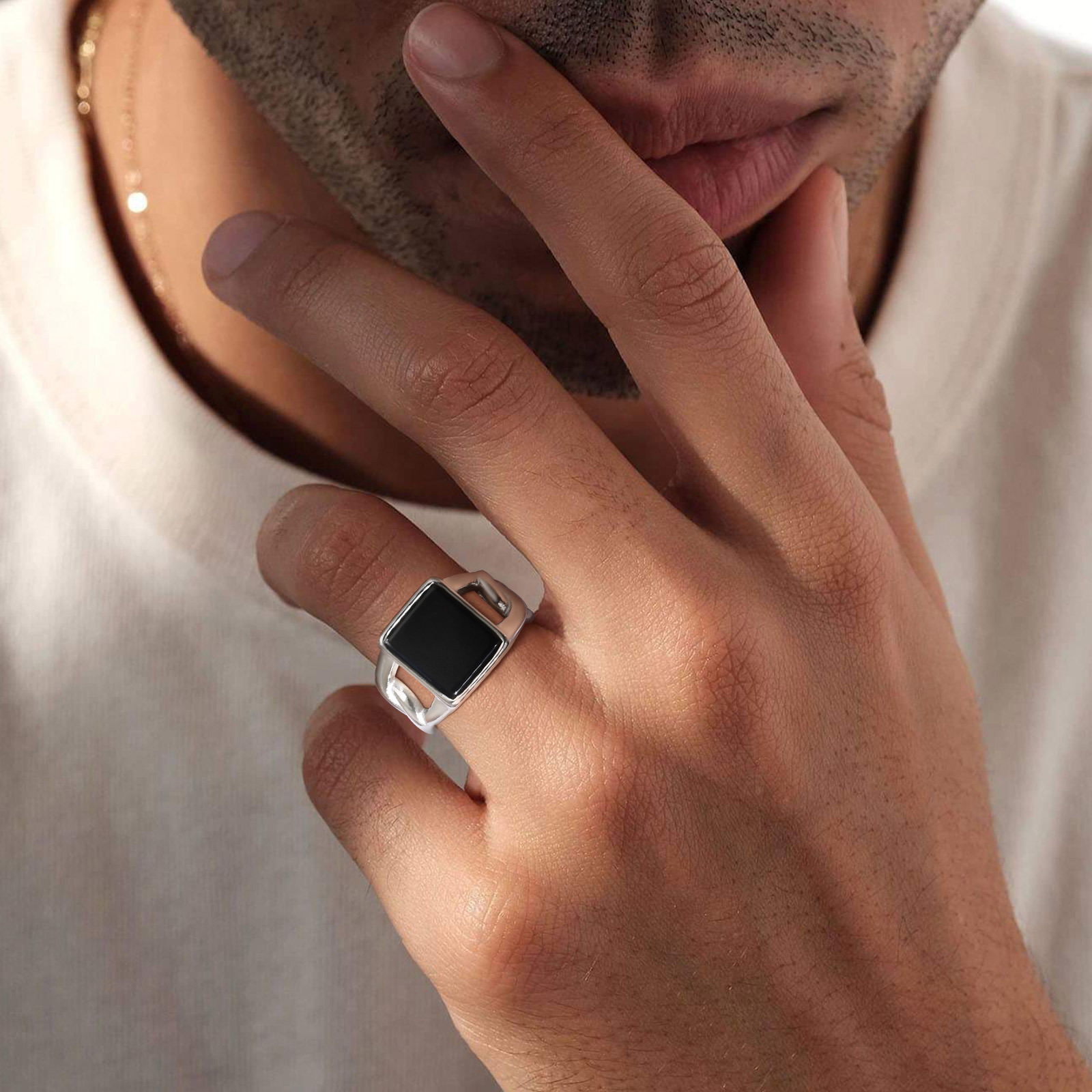 Signet Ring Men - Heren Vierkante Zwarte Stenen Zegelringen, Waterdicht
